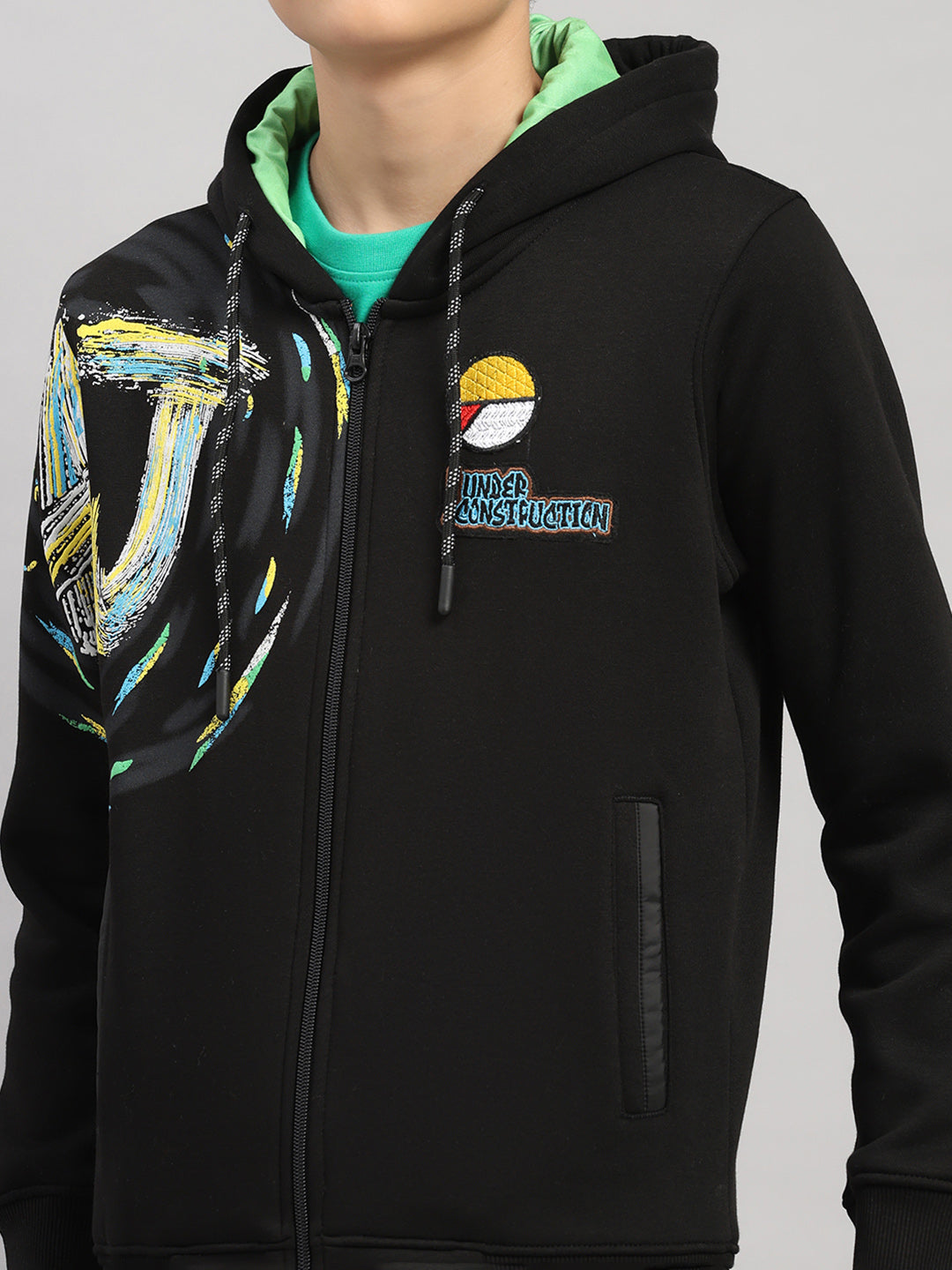 Boys Black Printed Hooded Full Sleeve Sweatshirt
