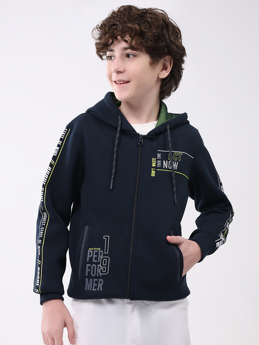 Boys Navy Blue Printed Hooded Full Sleeve Sweatshirt