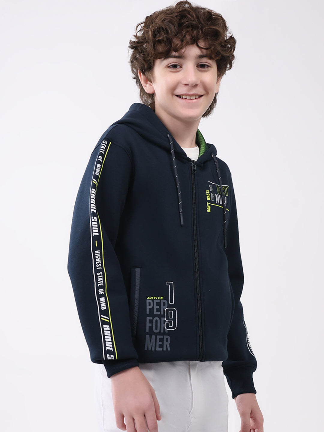 Boys Navy Blue Printed Hooded Full Sleeve Sweatshirt