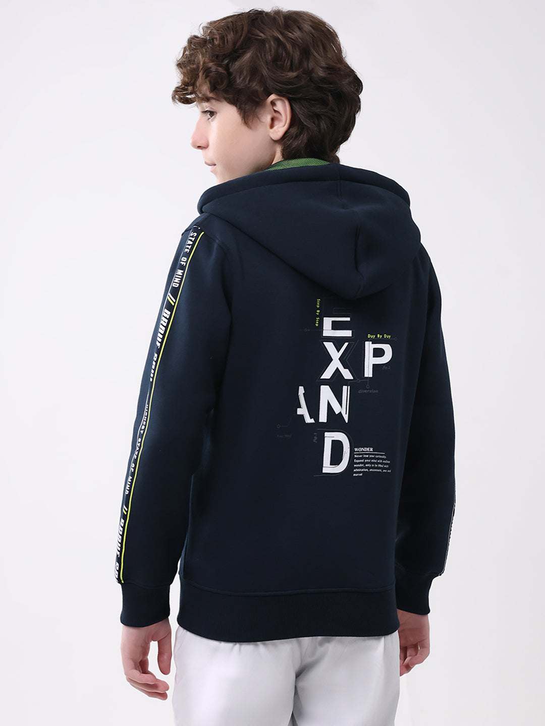 Boys Navy Blue Printed Hooded Full Sleeve Sweatshirt