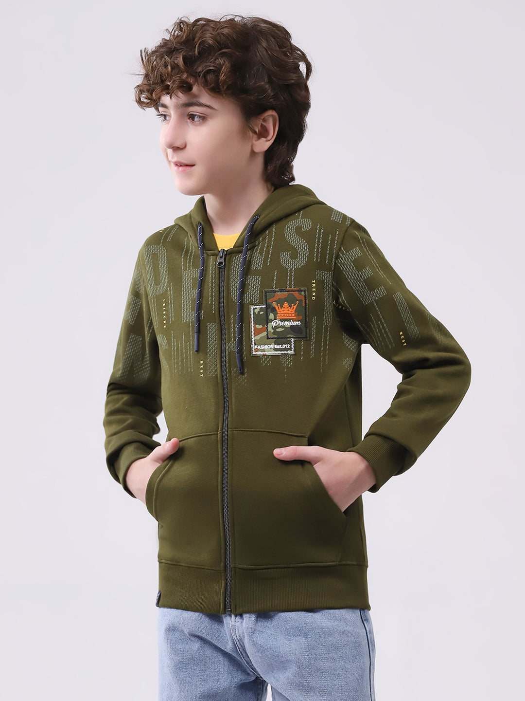 Boys Olive Printed Hooded Full Sleeve Sweatshirt
