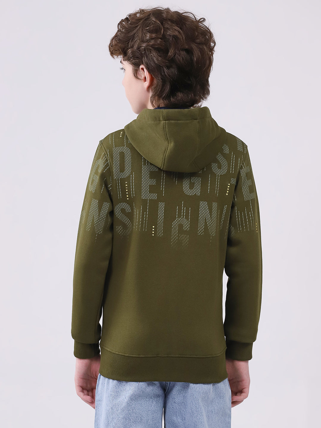 Boys Olive Printed Hooded Full Sleeve Sweatshirt