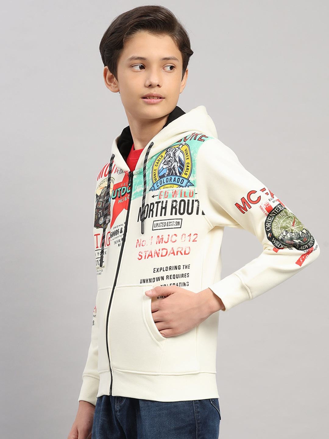 Boys Cream Printed Hooded Full Sleeve Sweatshirt