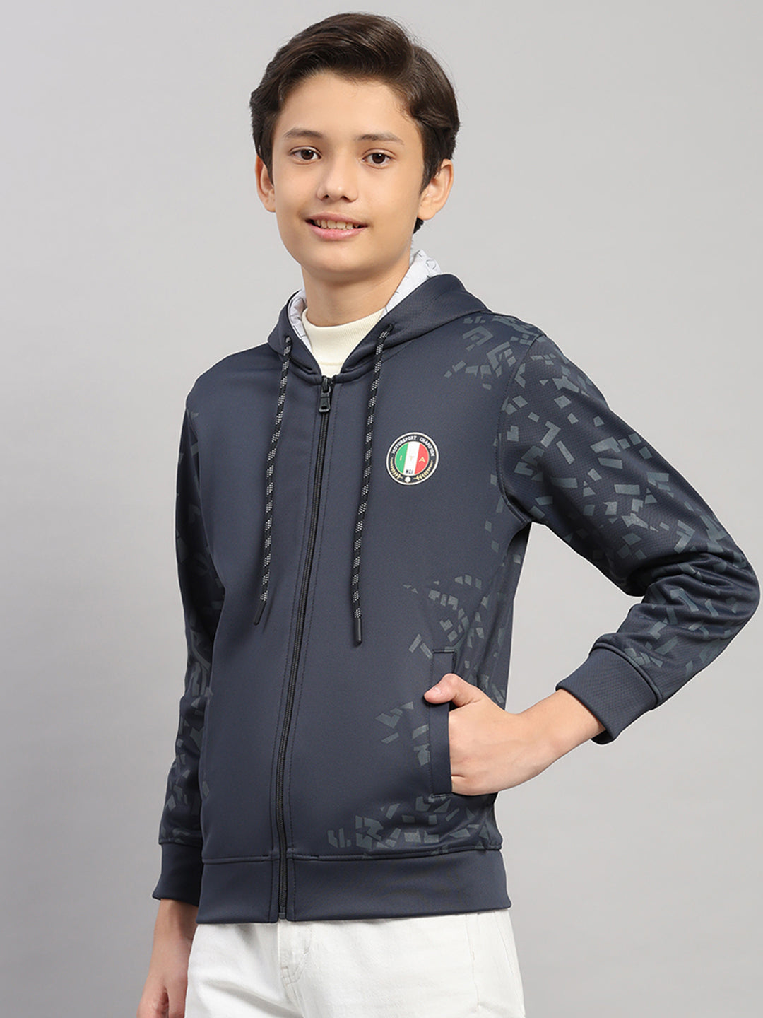 Boys Navy Blue Printed Hooded Full Sleeve Sweatshirt