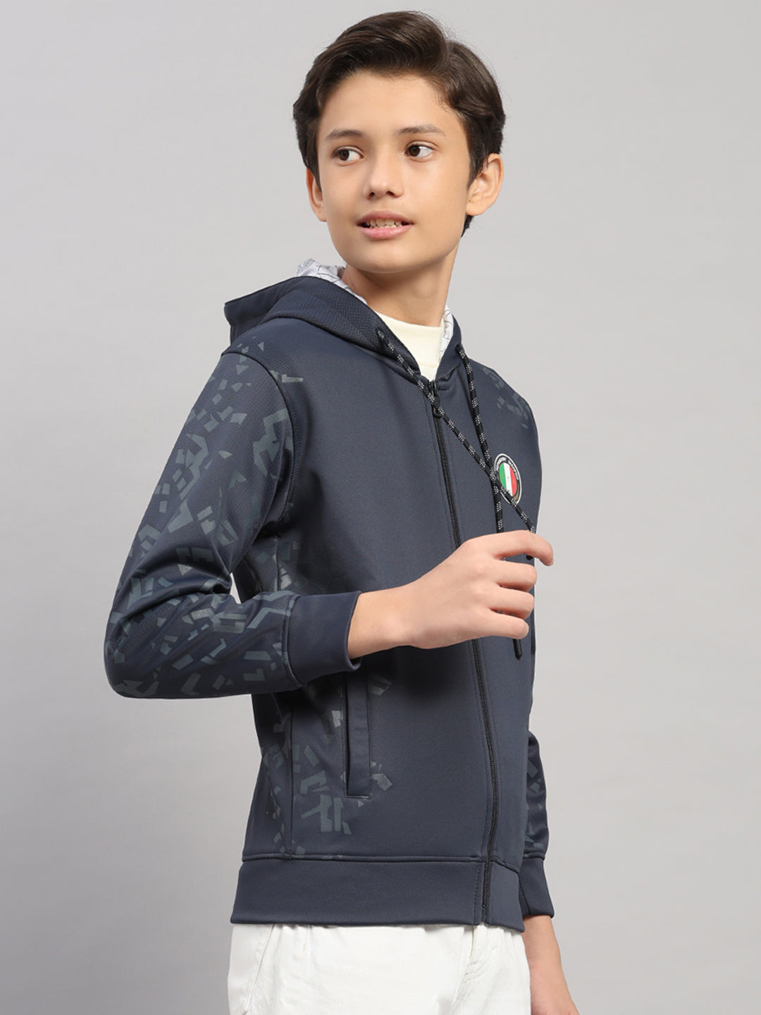 Boys Navy Blue Printed Hooded Full Sleeve Sweatshirt