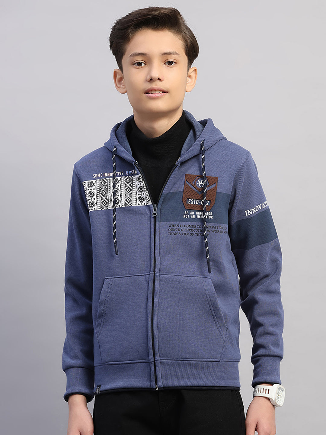 Boys Blue Printed Hooded Full Sleeve Sweatshirt