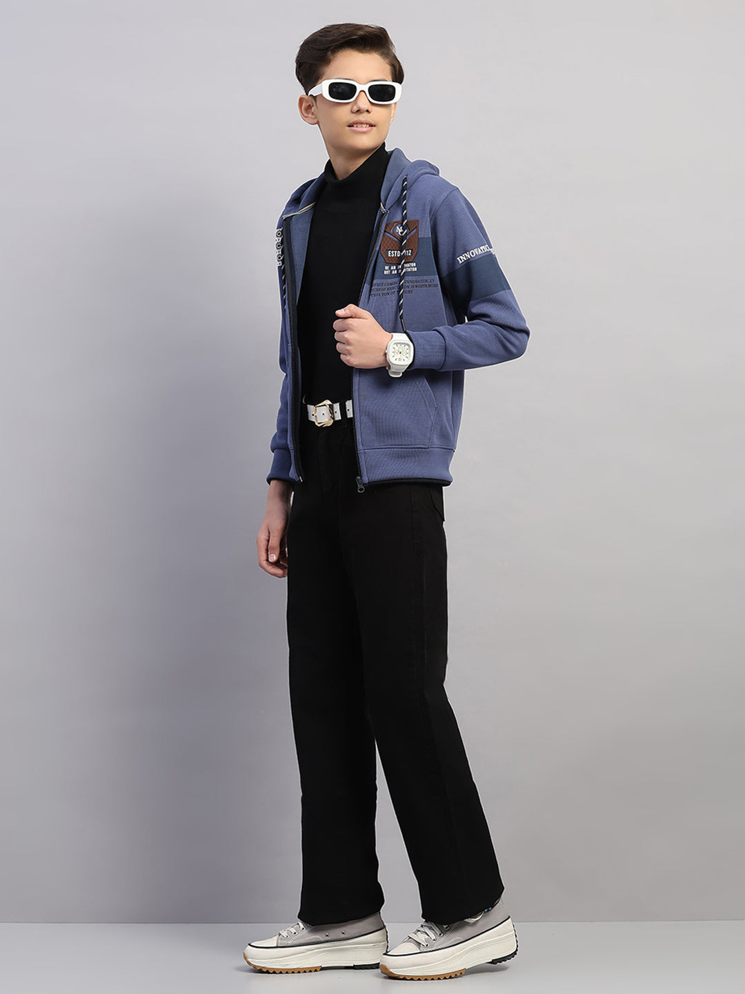 Boys Blue Printed Hooded Full Sleeve Sweatshirt