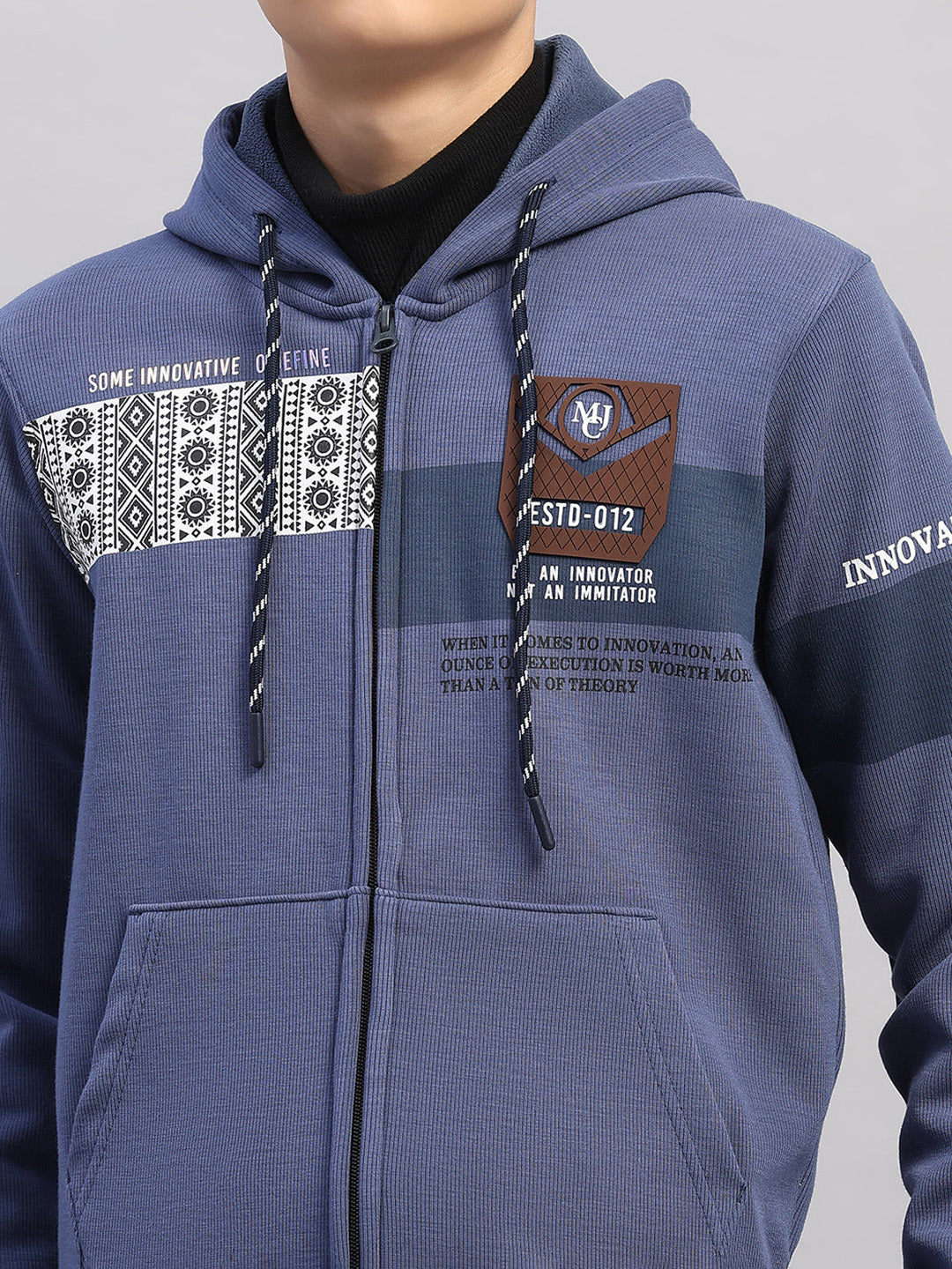 Boys Blue Printed Hooded Full Sleeve Sweatshirt