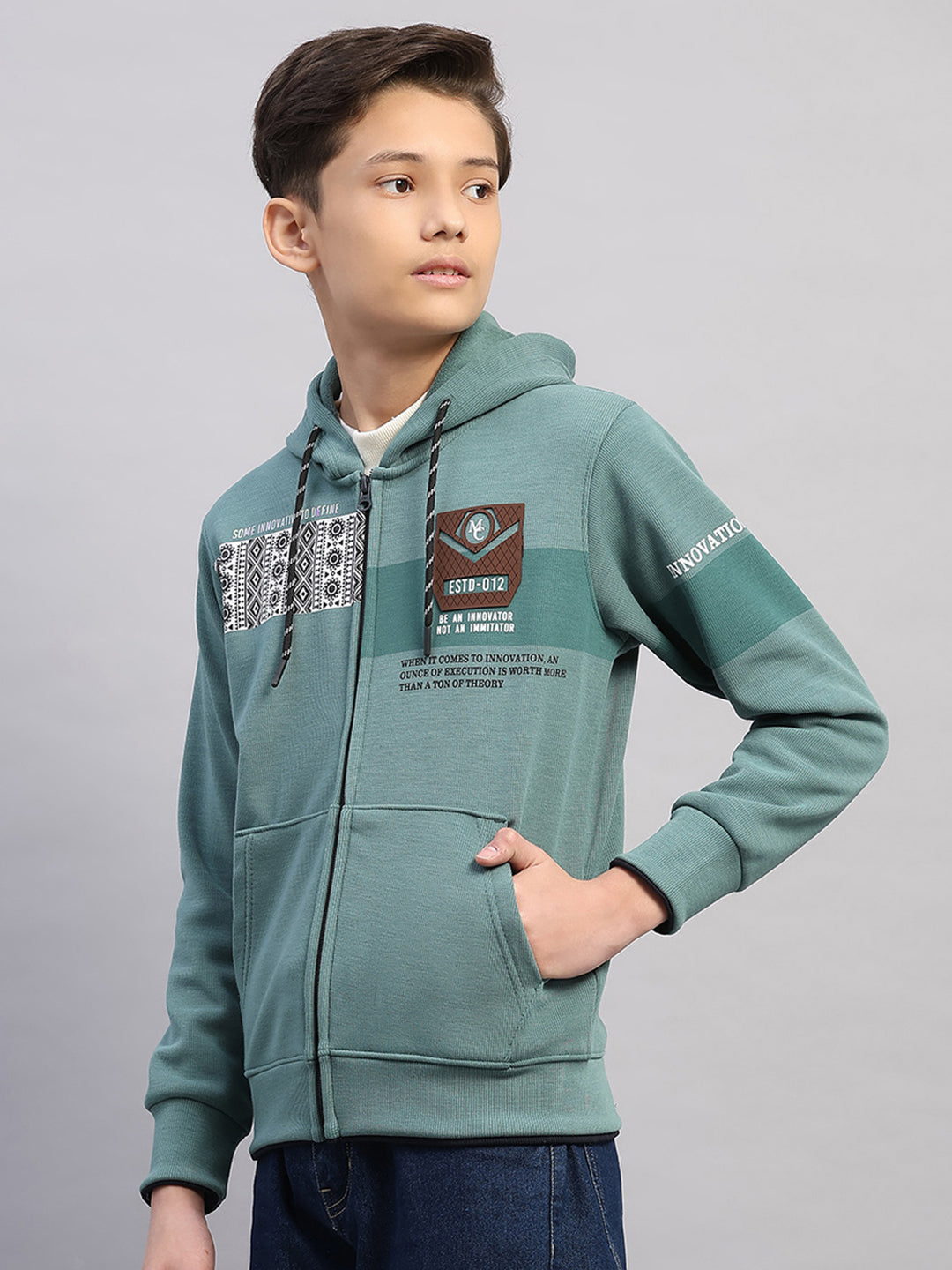 Boys Olive Printed Hooded Full Sleeve Sweatshirt