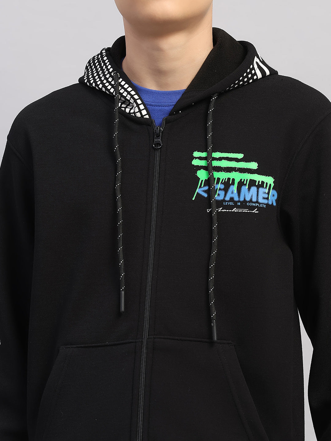 Boys Black Printed Hooded Full Sleeve Sweatshirt