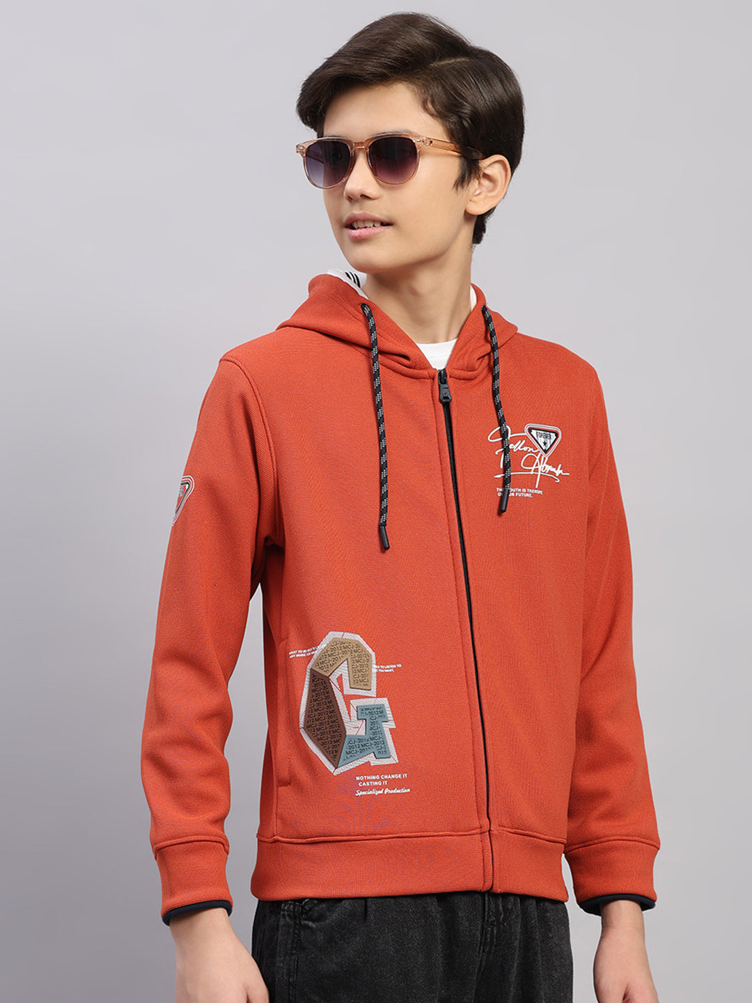 Boys Rust Printed Hooded Full Sleeve Sweatshirt