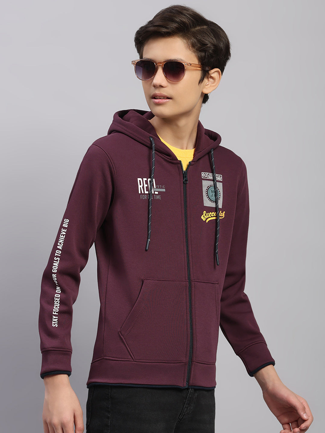 Boys Burgundy Printed Hooded Full Sleeve Sweatshirt