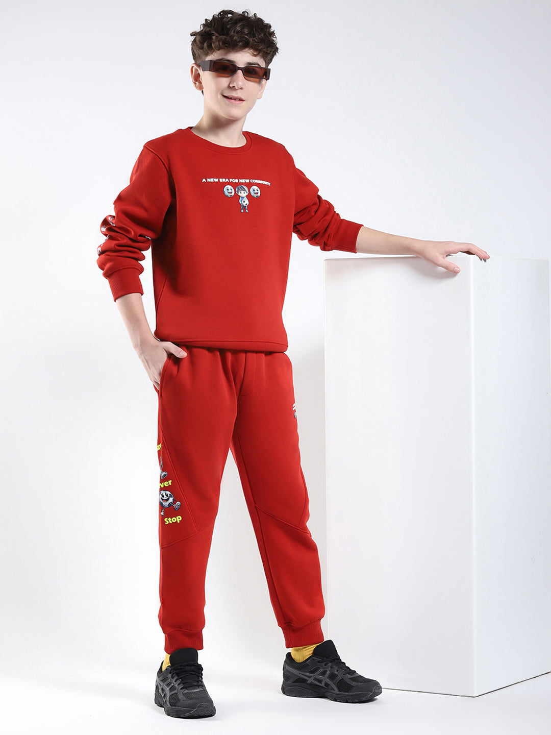 Boys Rust Printed Collar Full Sleeve Winter Tracksuit