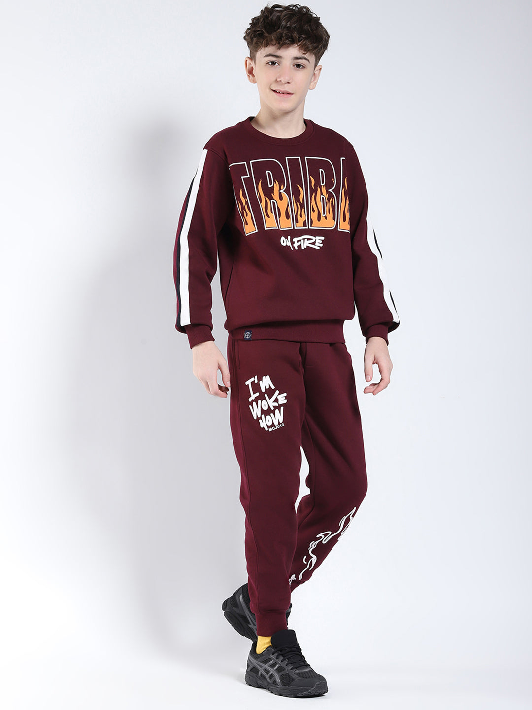 Boys Maroon Printed Round Neck Full Sleeve Winter Tracksuit