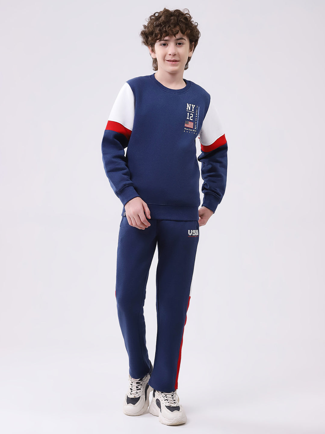 Boys Blue Printed Round Neck Full Sleeve Winter Tracksuit