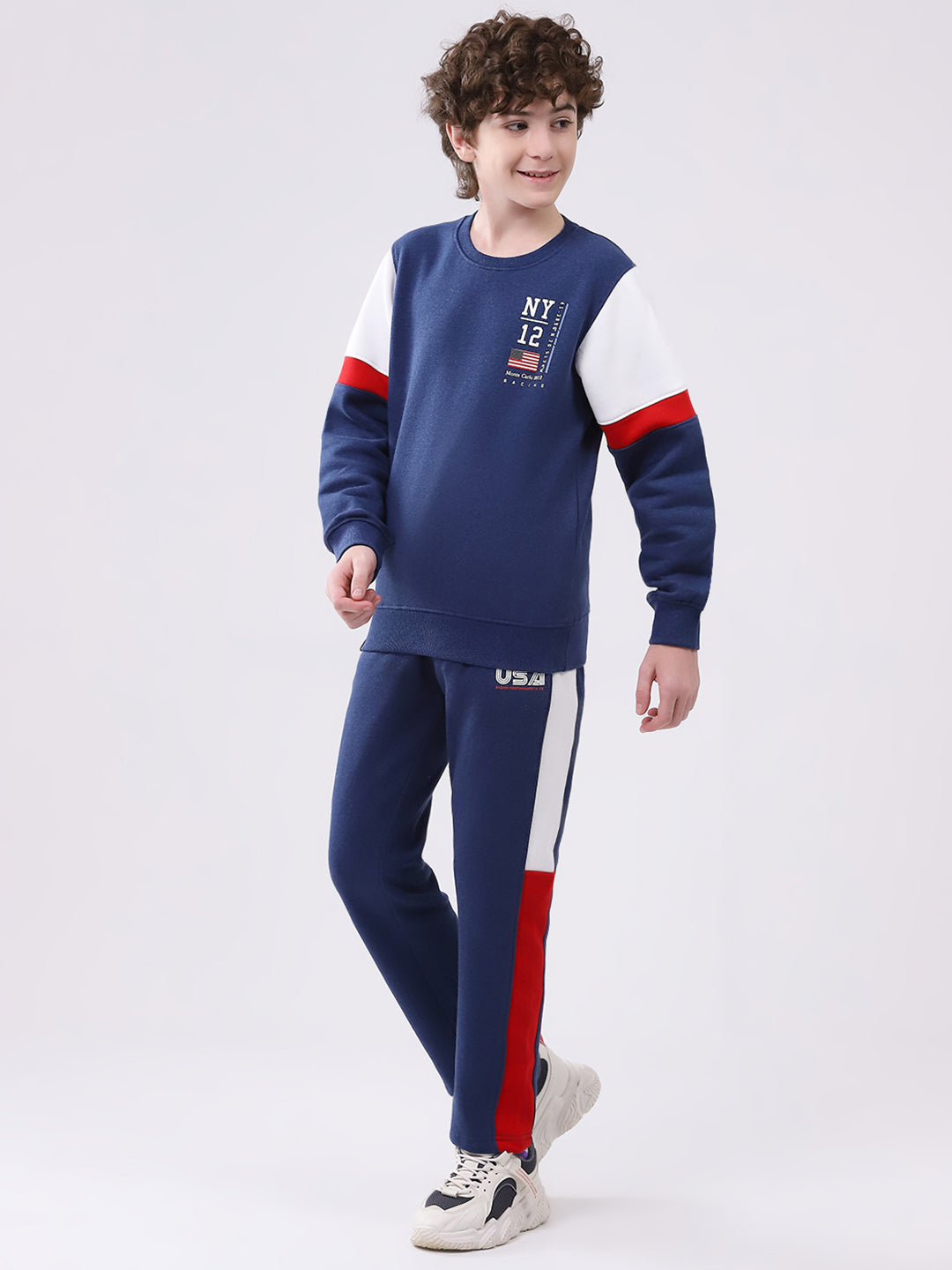 Boys Blue Printed Round Neck Full Sleeve Winter Tracksuit