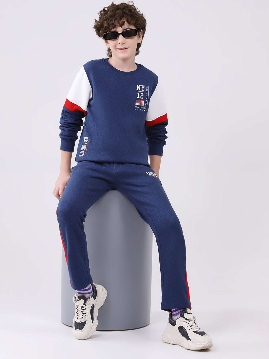 Boys Blue Printed Round Neck Full Sleeve Winter Tracksuit