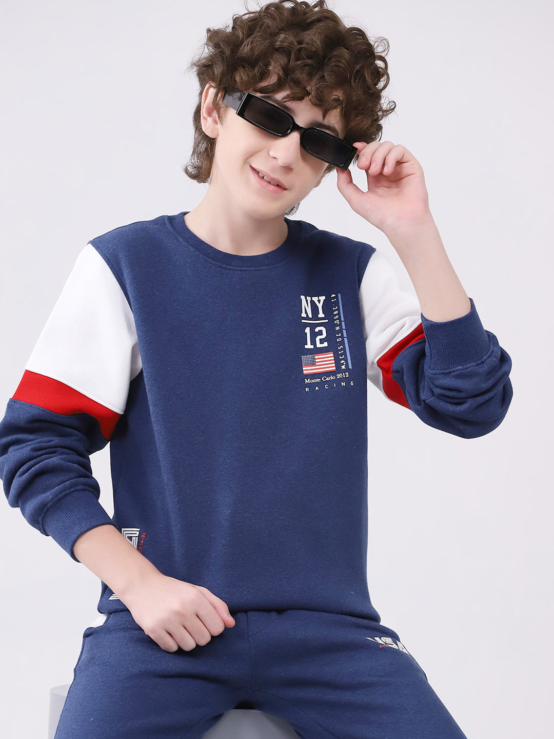Boys Blue Printed Round Neck Full Sleeve Winter Tracksuit