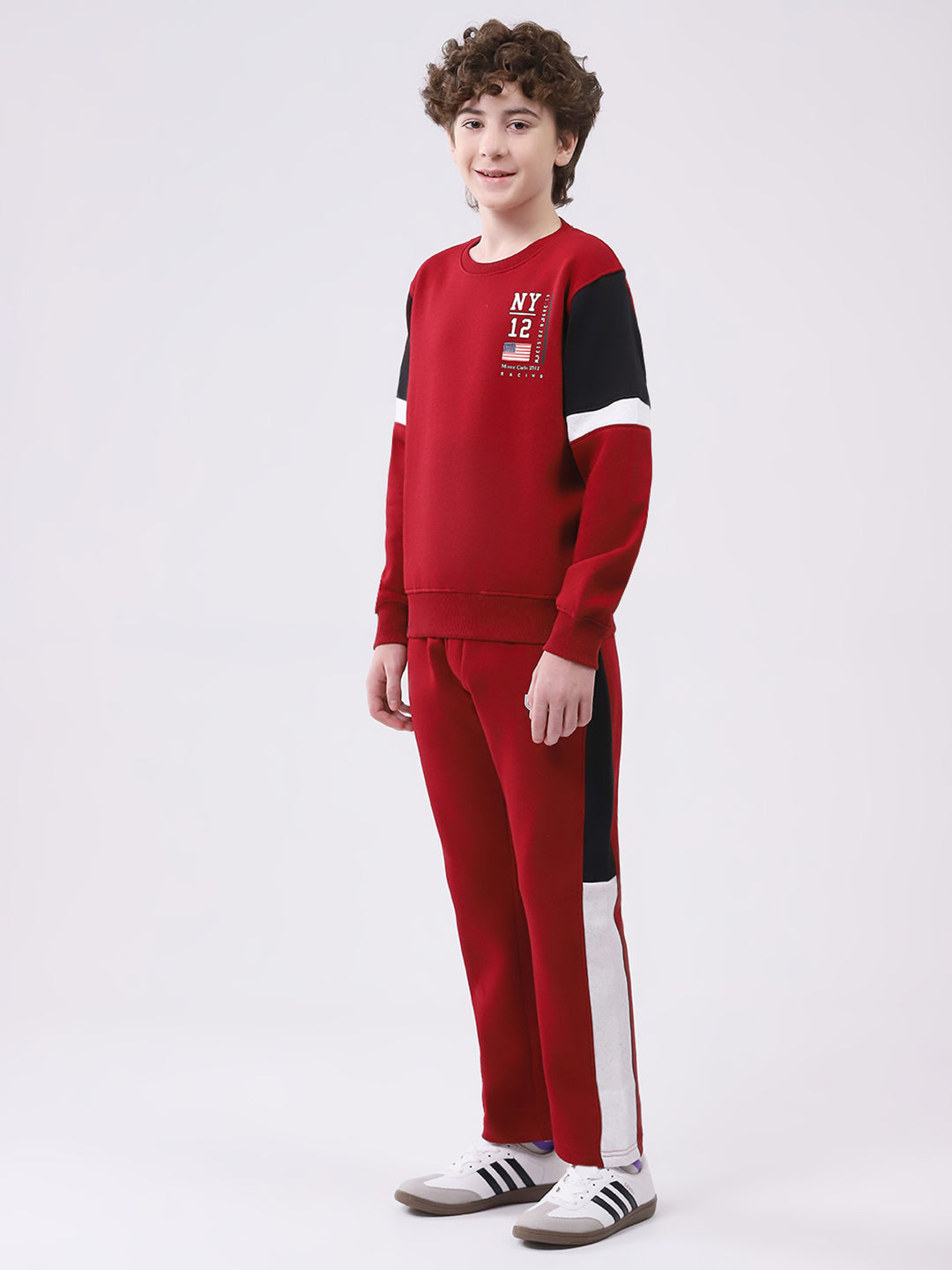 Boys Maroon Printed Round Neck Full Sleeve Winter Tracksuit