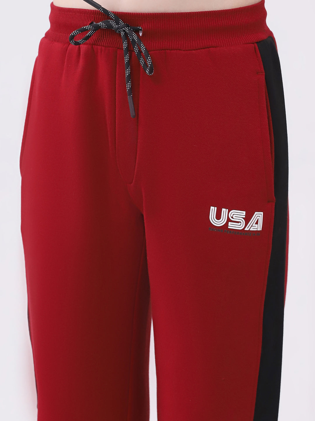 Boys Maroon Printed Round Neck Full Sleeve Winter Tracksuit