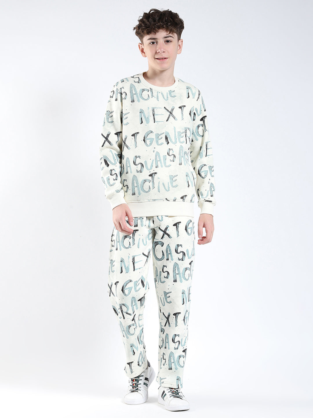 Boys Cream Printed Round Neck Full Sleeve Winter Tracksuit