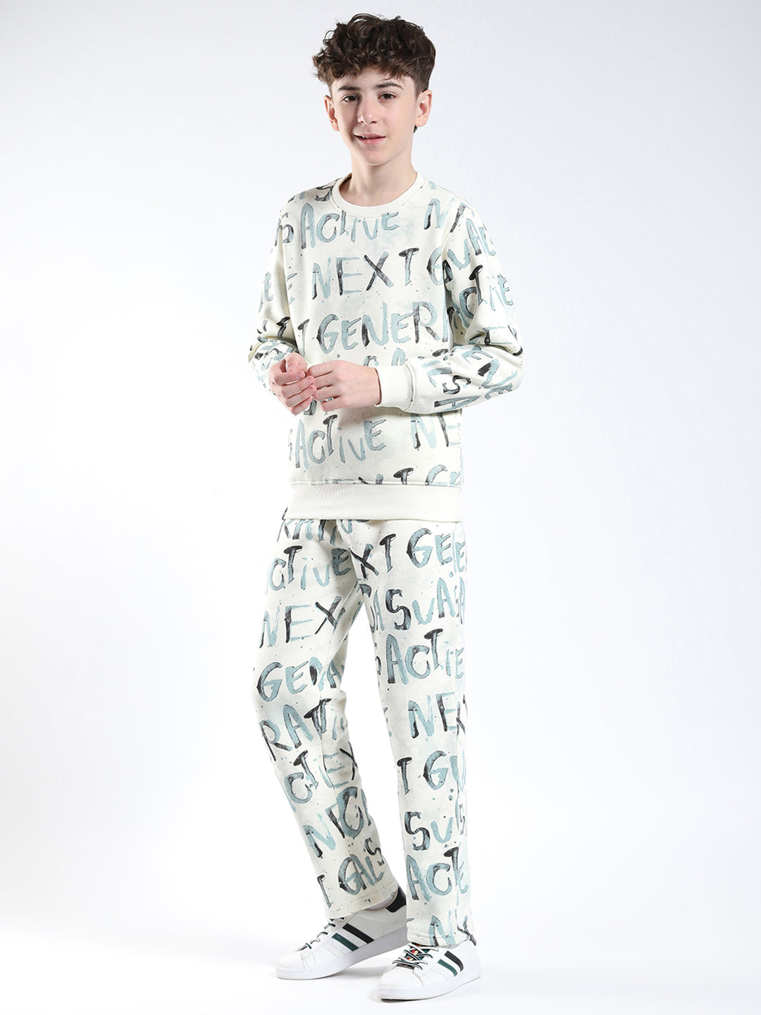Boys Cream Printed Round Neck Full Sleeve Winter Tracksuit