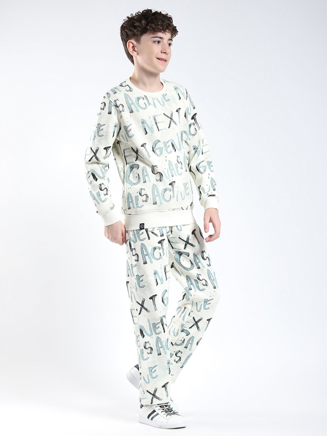 Boys Cream Printed Round Neck Full Sleeve Winter Tracksuit