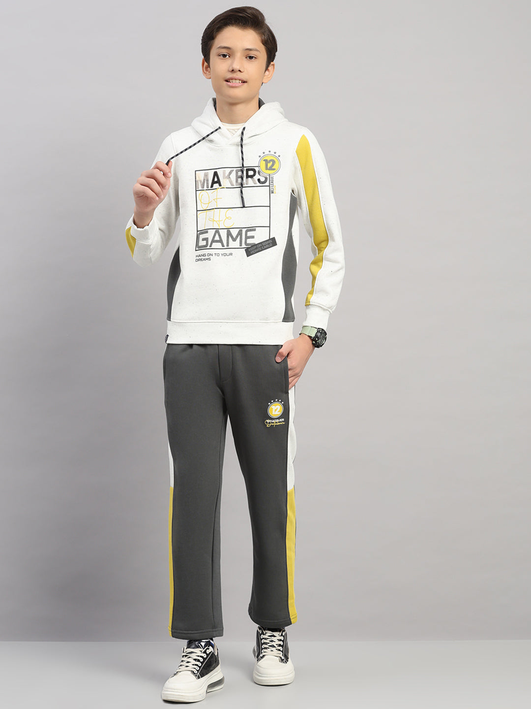 Boys Grey Printed Collar Full Sleeve Winter Tracksuit