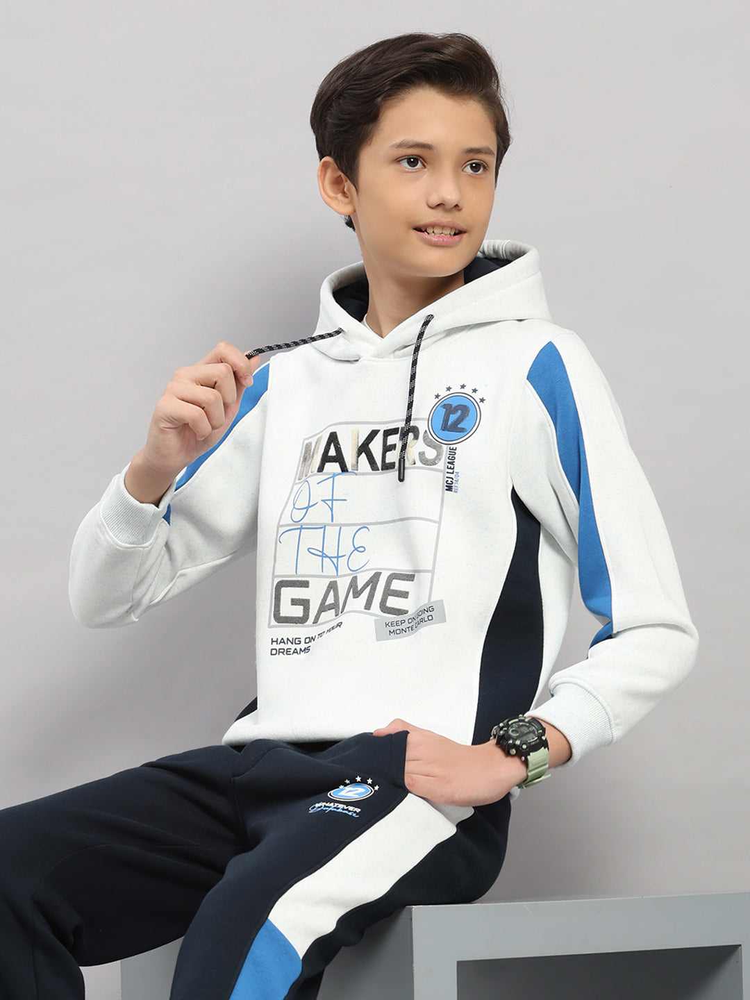 Boys Navy Blue Printed Collar Full Sleeve Winter Tracksuit