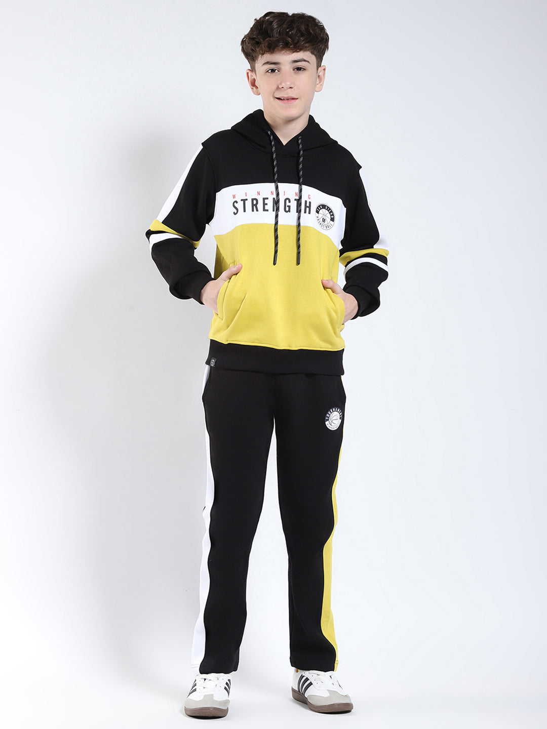 Boys Black Printed Hooded Full Sleeve Winter Tracksuit