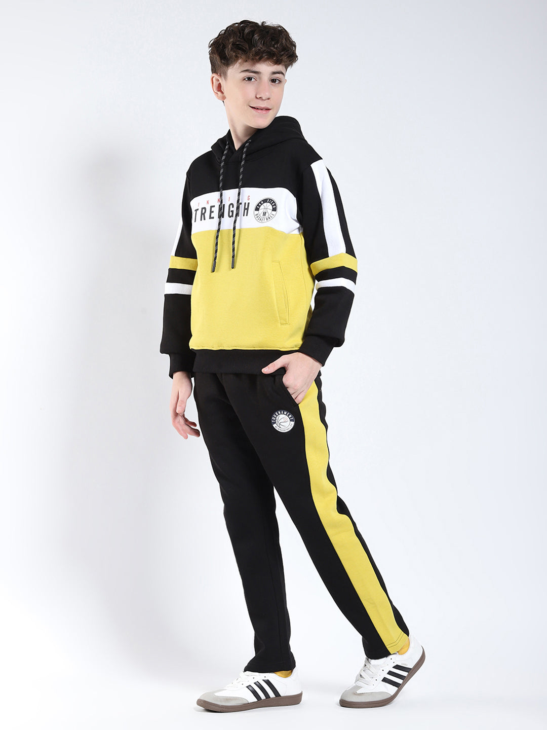 Boys Black Printed Hooded Full Sleeve Winter Tracksuit