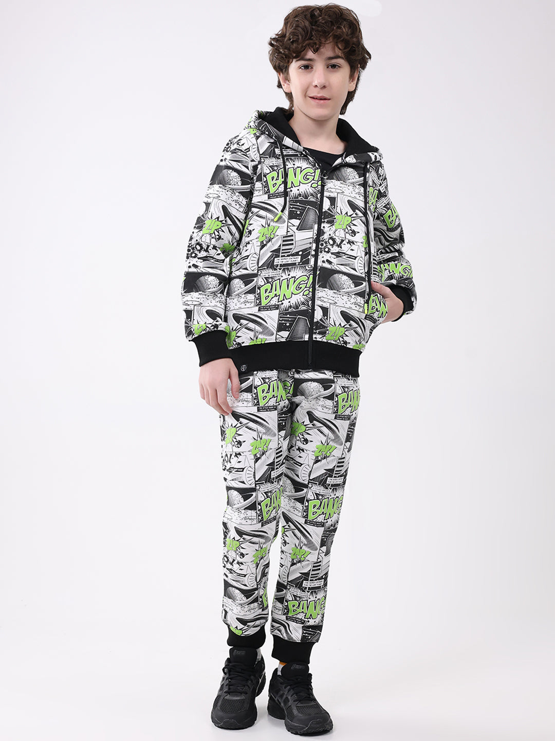 Boys Black Printed Hooded Full Sleeve Winter Tracksuit