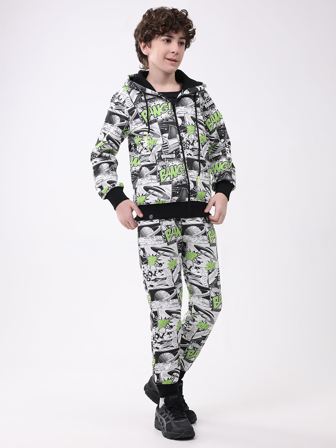 Boys Black Printed Hooded Full Sleeve Winter Tracksuit