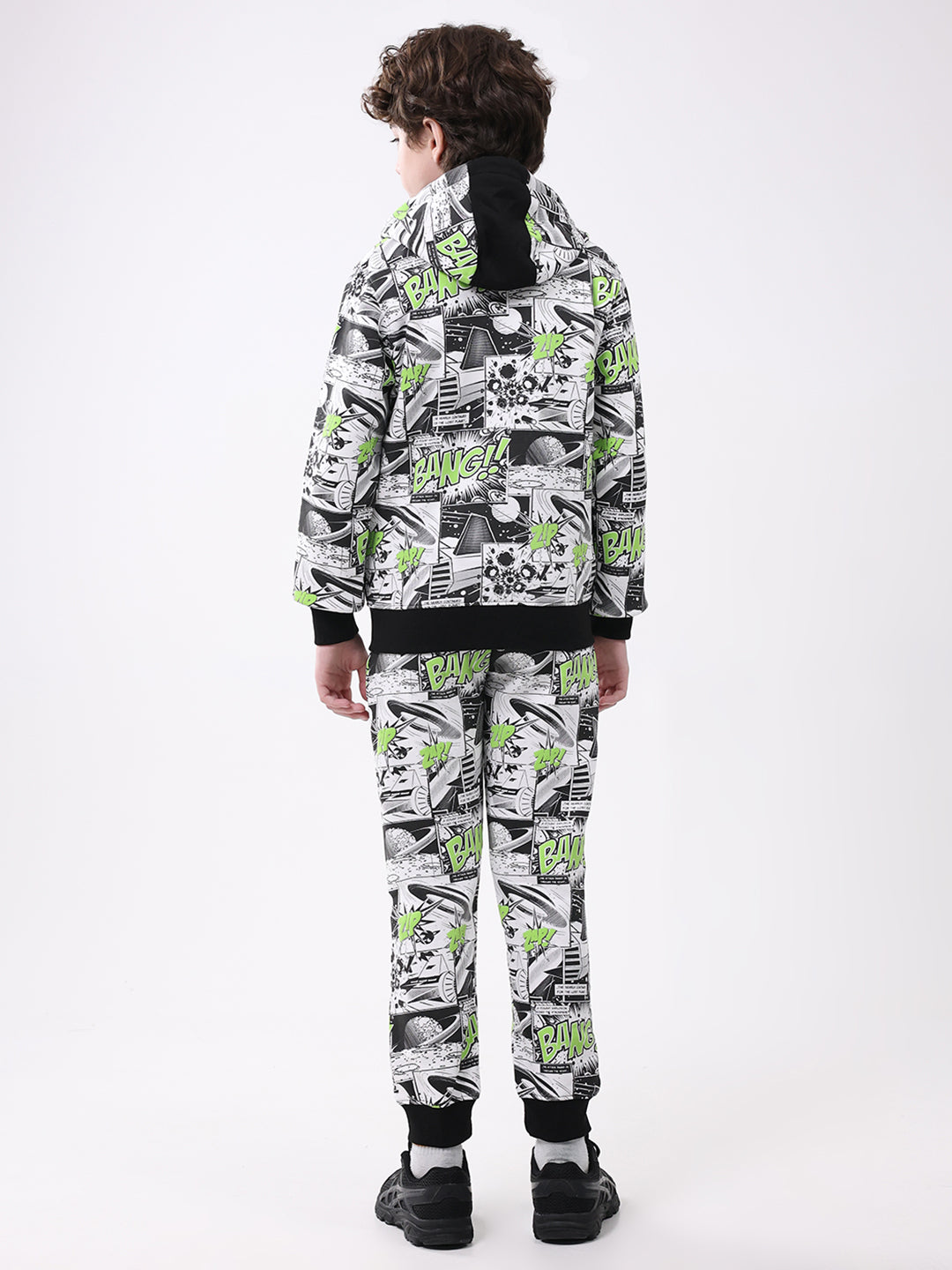 Boys Black Printed Hooded Full Sleeve Winter Tracksuit