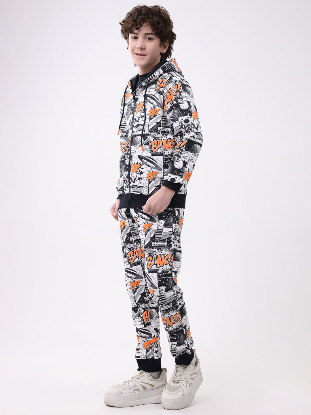 Boys Navy Blue Printed Hooded Full Sleeve Winter Tracksuit