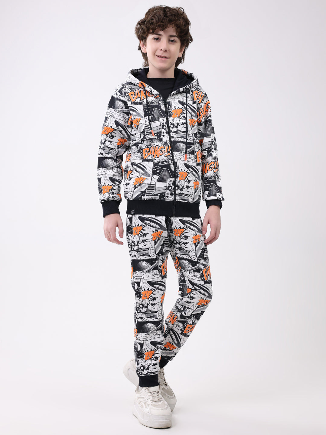 Boys Navy Blue Printed Hooded Full Sleeve Winter Tracksuit