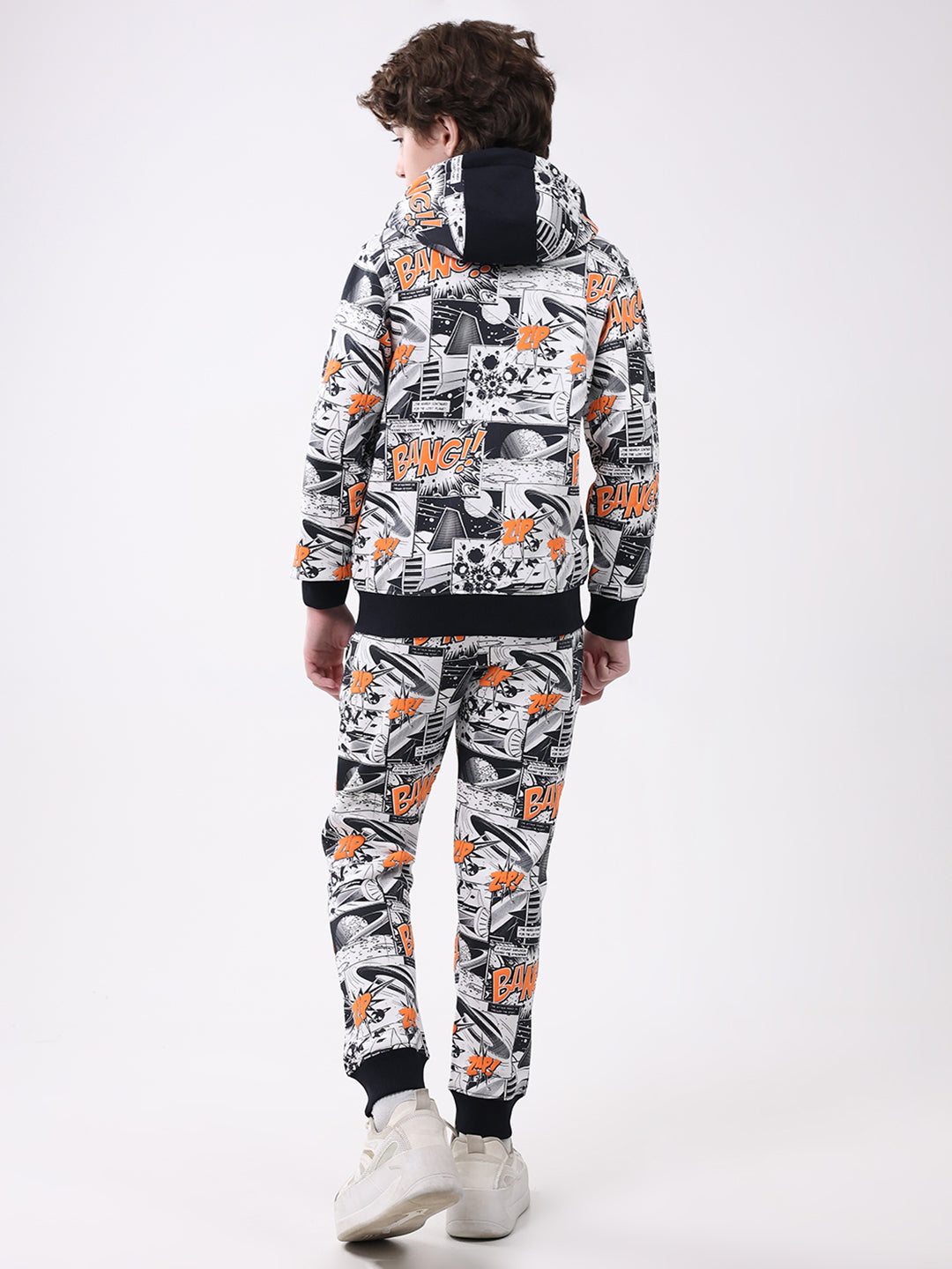 Boys Navy Blue Printed Hooded Full Sleeve Winter Tracksuit