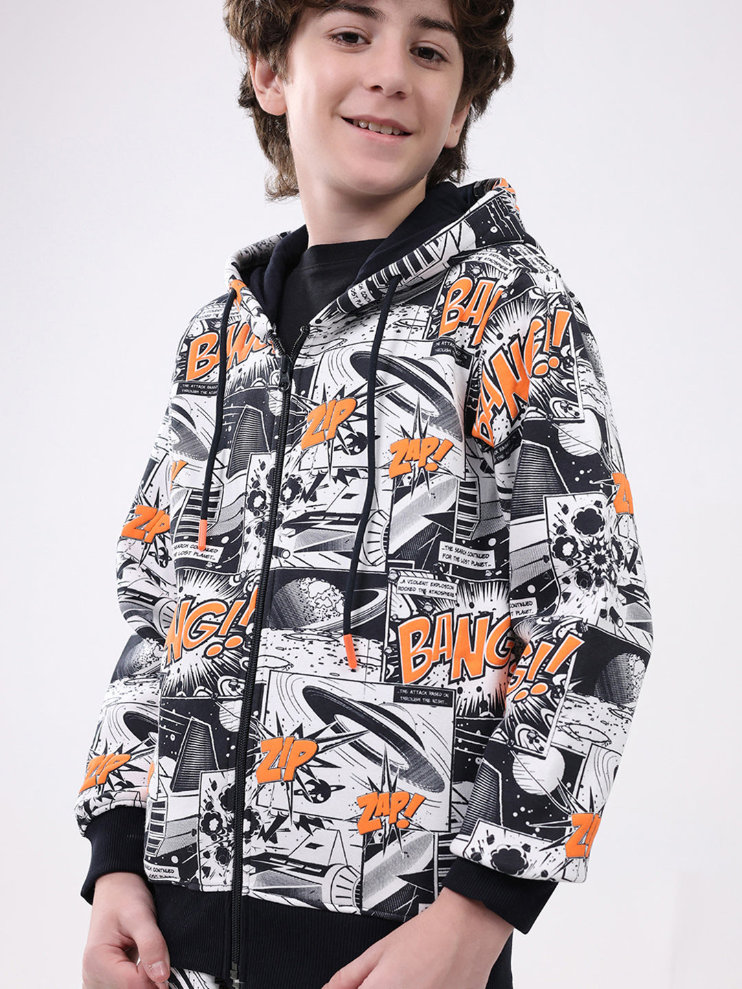 Boys Navy Blue Printed Hooded Full Sleeve Winter Tracksuit