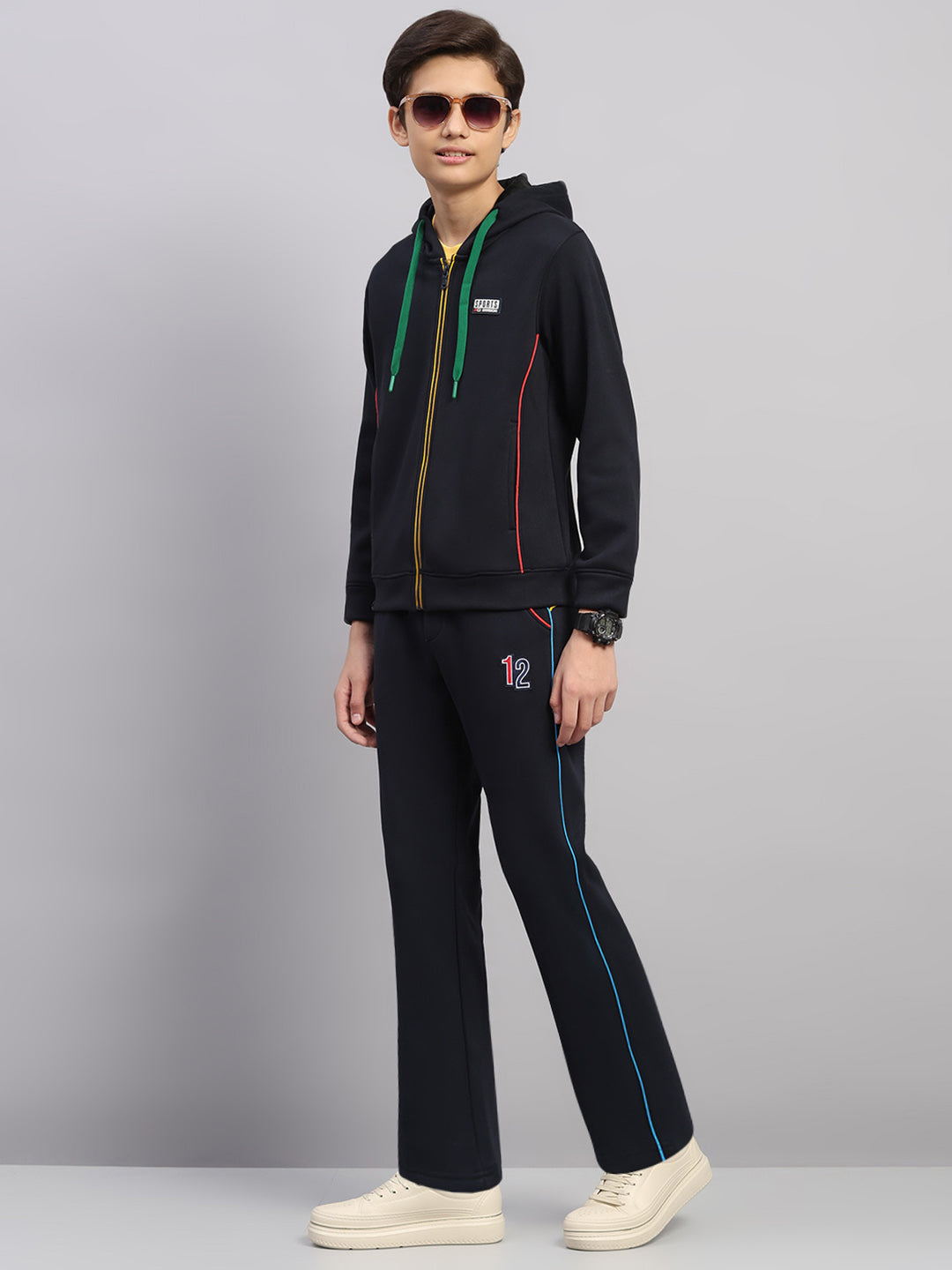 Boys Navy Blue Embroidered Collar Full Sleeve Winter Tracksuit