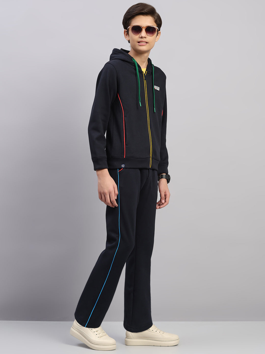 Boys Navy Blue Embroidered Collar Full Sleeve Winter Tracksuit