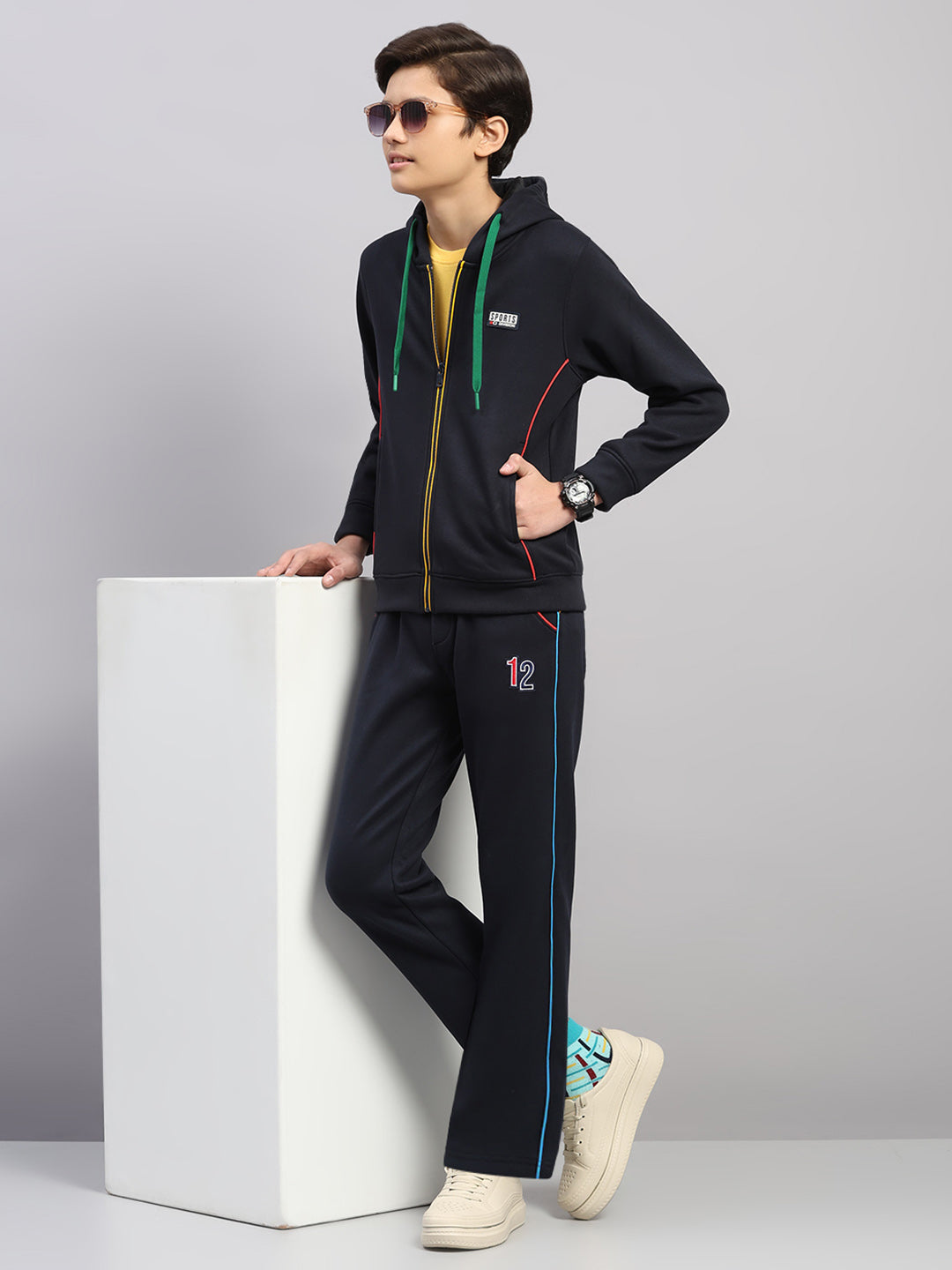 Boys Navy Blue Embroidered Collar Full Sleeve Winter Tracksuit