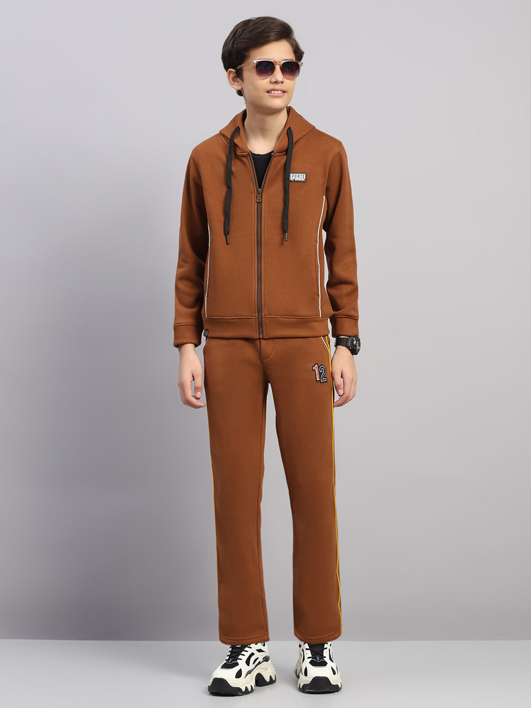 Boys Tan Embroidered Collar Full Sleeve Winter Tracksuit