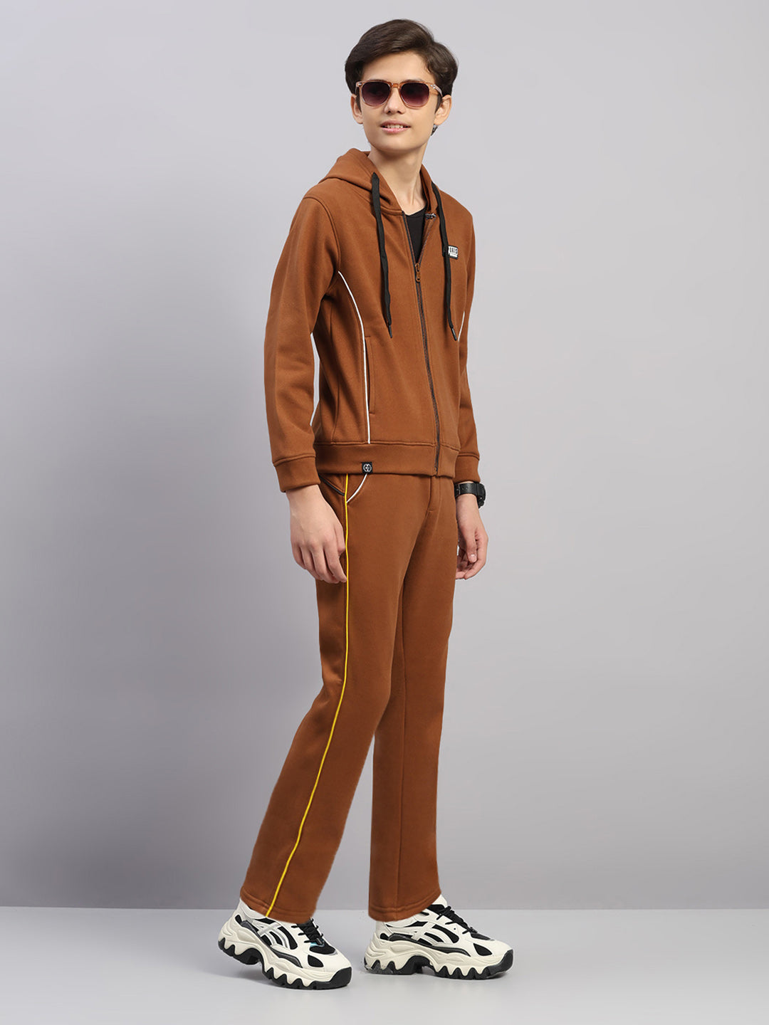 Boys Tan Embroidered Collar Full Sleeve Winter Tracksuit
