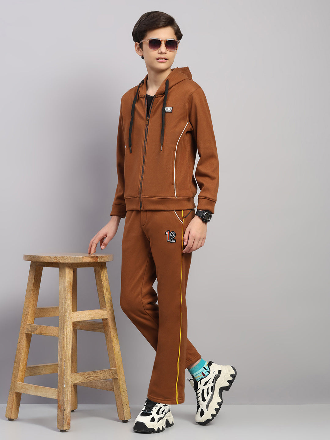 Boys Tan Embroidered Collar Full Sleeve Winter Tracksuit
