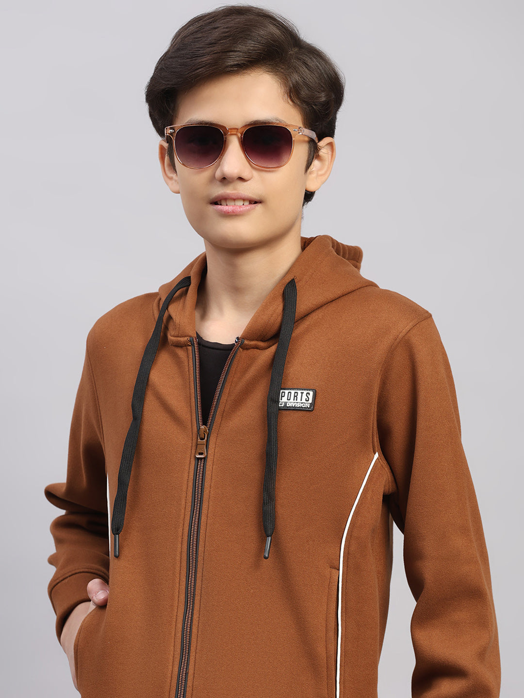 Boys Tan Embroidered Collar Full Sleeve Winter Tracksuit