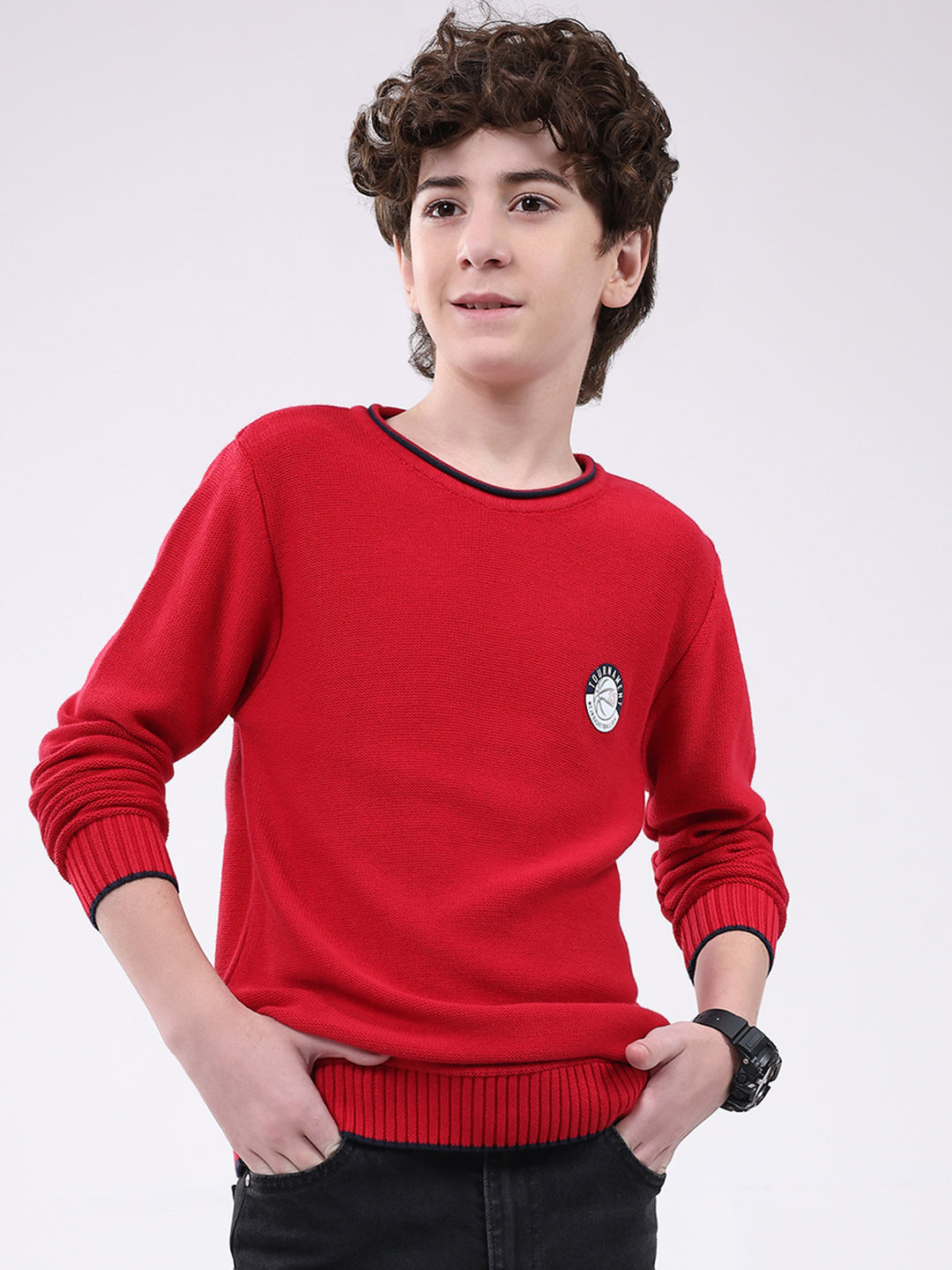 Boys Red Solid Round Neck Full Sleeve Pullover