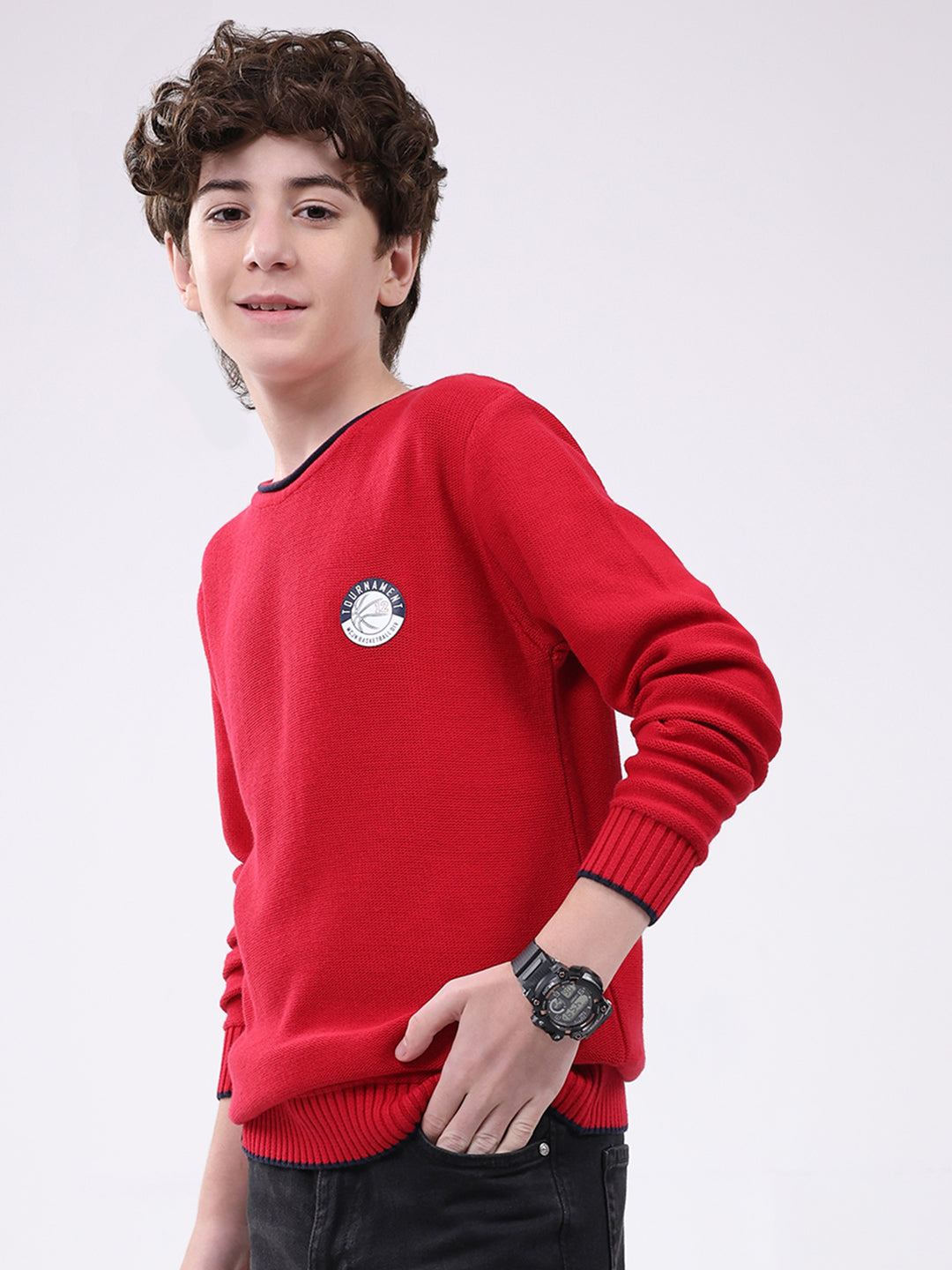 Boys Red Solid Round Neck Full Sleeve Pullover