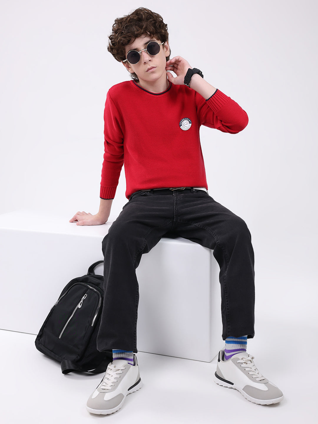Boys Red Solid Round Neck Full Sleeve Pullover