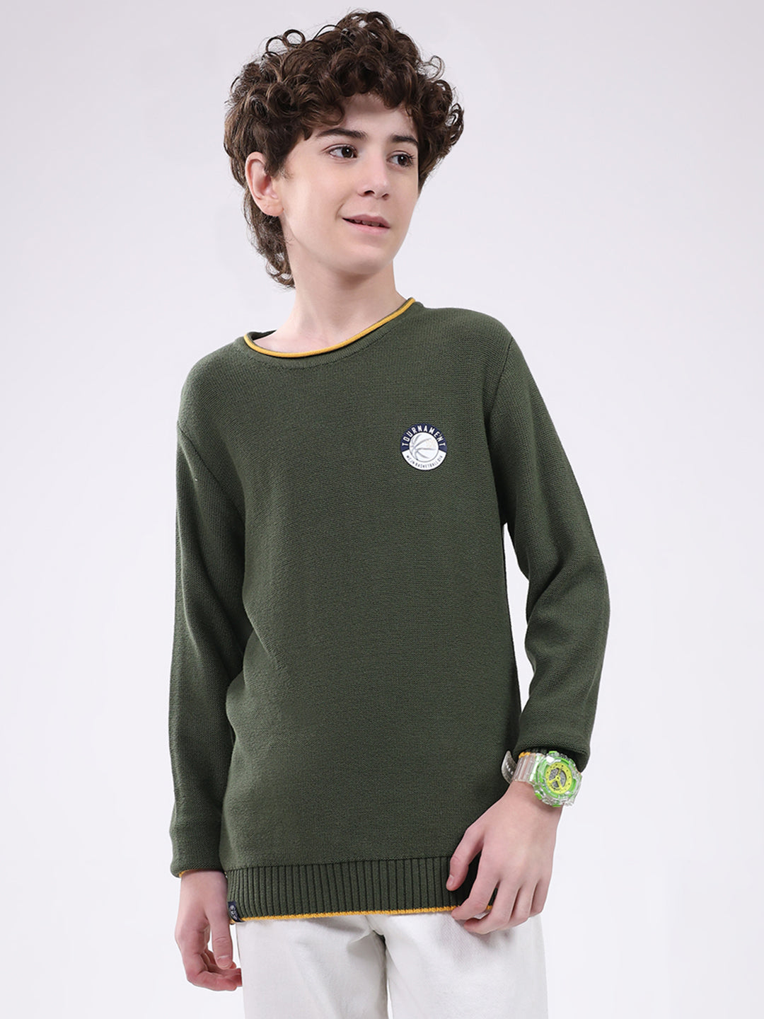 Boys Olive Solid Round Neck Full Sleeve Pullover