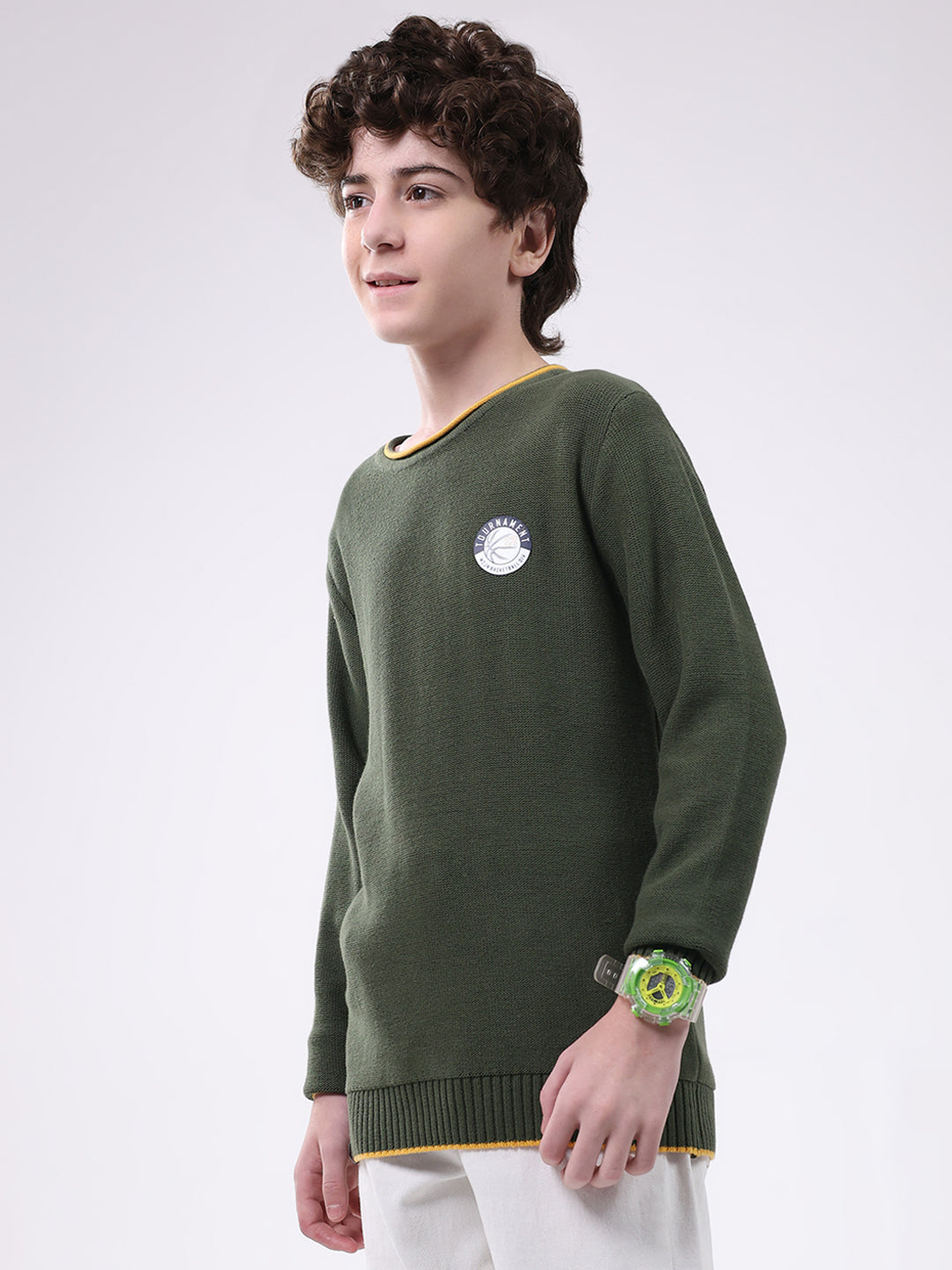 Boys Olive Solid Round Neck Full Sleeve Pullover